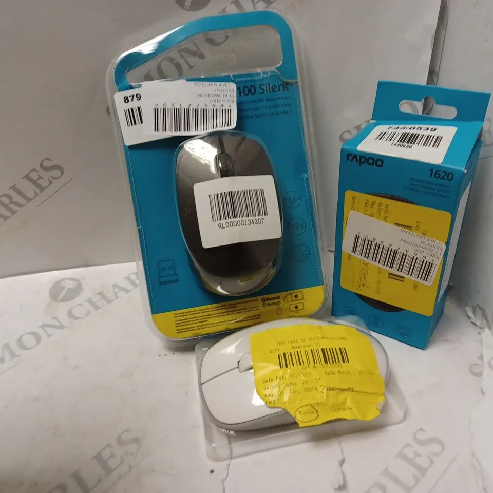 APPROXIMATELY 10 SMALL PERIPHERALS TO INCLUDE RAPOO 1620 MOUSE, RAPOO M100 MOUSE, ETC