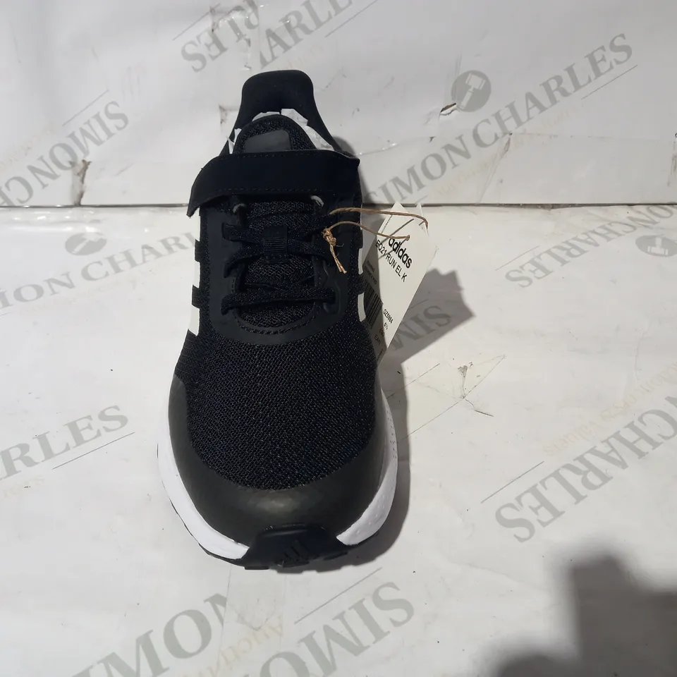 BOXED PAIR OF DESIGNER SHOES IN THE STYLE ADIDAS EQ21 RUN EL K IN BLACK/WHITE UK SIZE 5.5