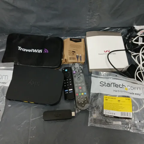 BOX OF APPROXIMATELY 8 ASSORTED ITEMS TO INCLUDE - AMAZON FIRE STICK, ISPLAY PORT TO HDMI, AND REMOTES ETC. 