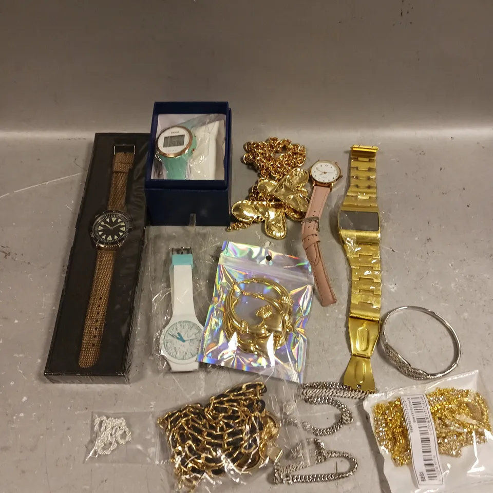APPROXIMATELY 25 ASSORTED JEWELLERY PRODUCTS TO INCLUDE EARRINGS, WATCHES, BRACELETS ETC 