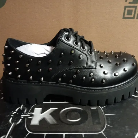 KOI BLACK STUDDED LEATHER LACE-UP SHOES WITH CHUNKY PLATFORM SOLE - 6