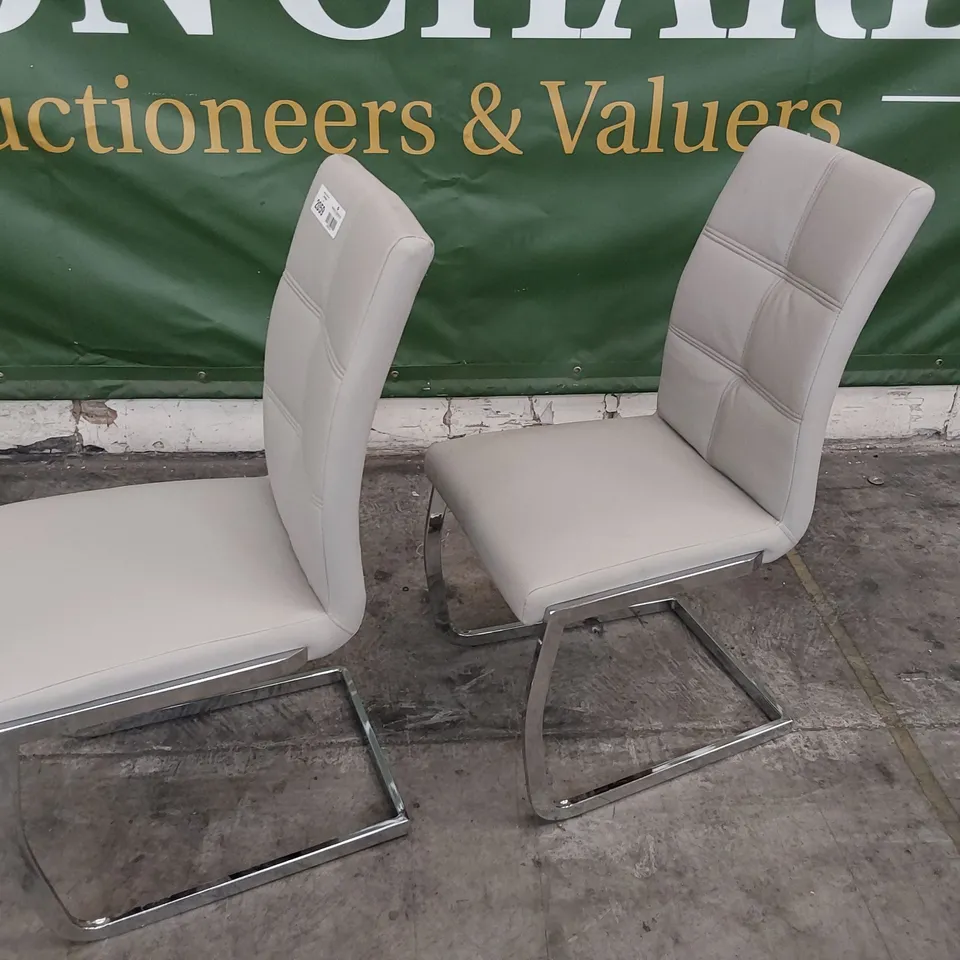 PAIR OF DESIGNER UPHOLSTERED DINING CHAIRS GREY PU ON CHROME FRAME