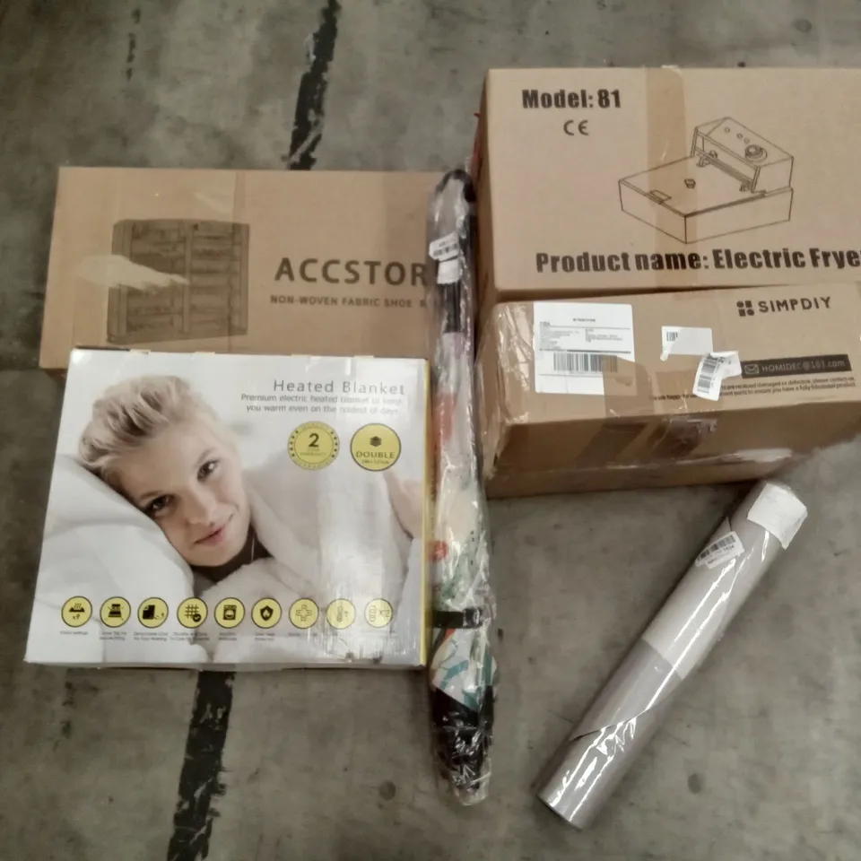 PALLET OF ASSORTED ITEMS INCLUDING ELECTRIC FRYER, ACCSTORE NON-WOVEN FABRIC SHOE RACK, HEATED BLANKET, SIMPDIY SHOE BOX, UMBRELLA,  GREY BATH MASK, DAILYWEES STAND MIXER 