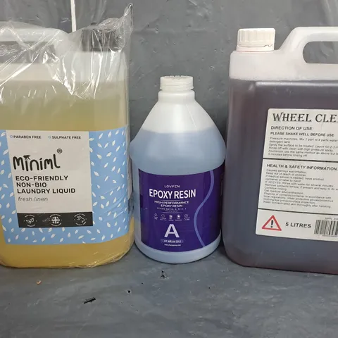 TOTE OF APPROXIMATELY 4 ASSORTED LIQUIDS TO INCLUDE - MINIML LAUNDRY LIQUID , POXY RESIN , WHEEL CLEANER ETC