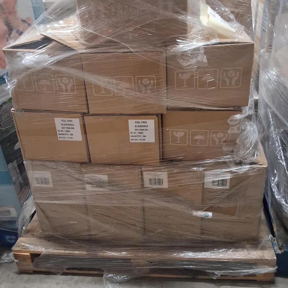 PALLET CONTAINING BLUE BERRY BODY CREAM,EYE MASK APPROXIMATELY 3000