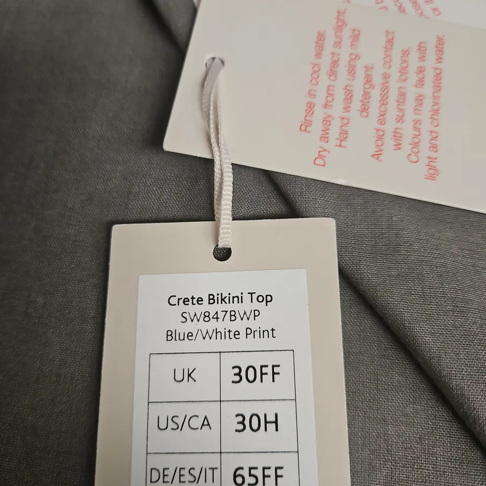 BRAVISSIMO CRETE BIKINI TOP – BLUE/WHITE PRINT – UK 30FF