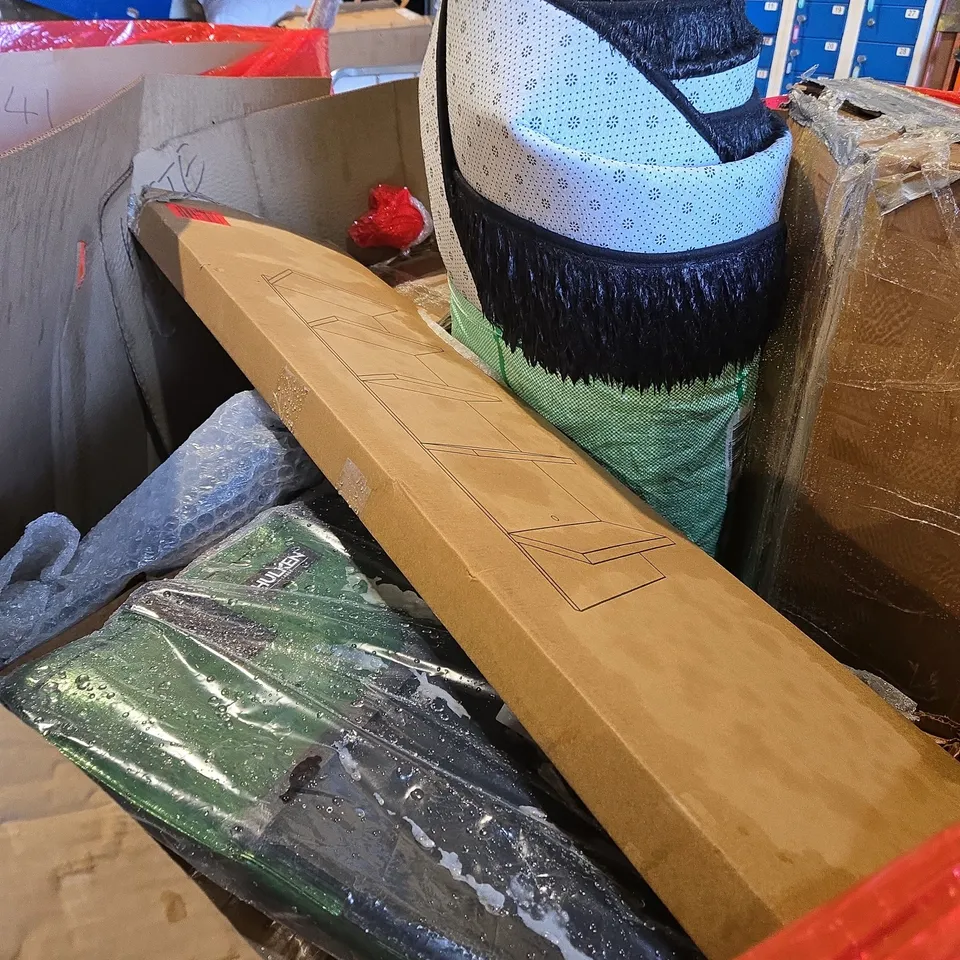 PALLET OF ASSORTED ITEMS TO INCLUDE FAUX FUR RUGS, BACKPACKS AND BOXED FURNITURE 