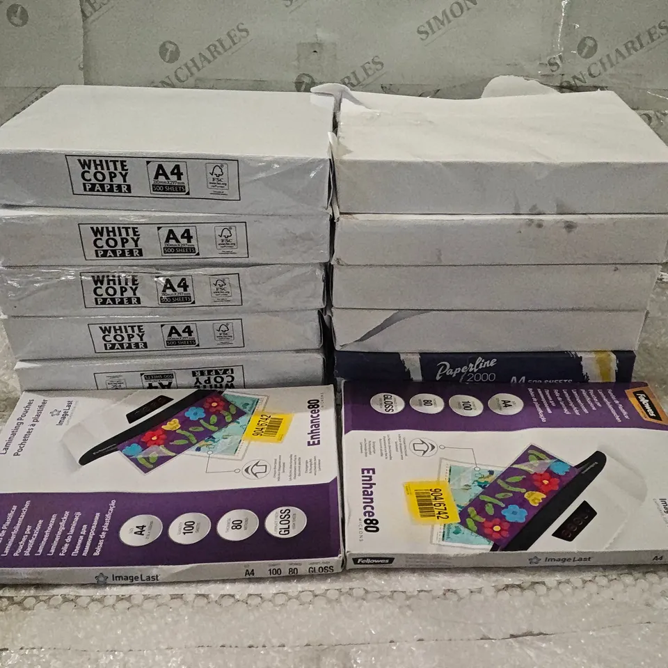 LOT OF 12 STATIONERY ITEMS INCLUDED 10X PAPER REEMS AND 2X FELLOWS LAMINATING POUCHES