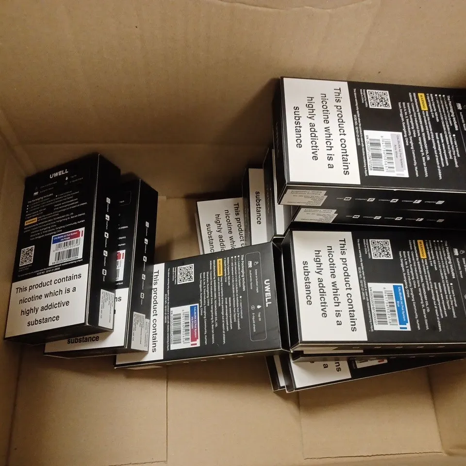 BOX OF APPROX 10 UWELL CALIBURN A2 POD SYSTEM IN DIFFERENT COLOURS TO INCLUDE - IRIS PURPLE - ORANGE - BLUE ECT