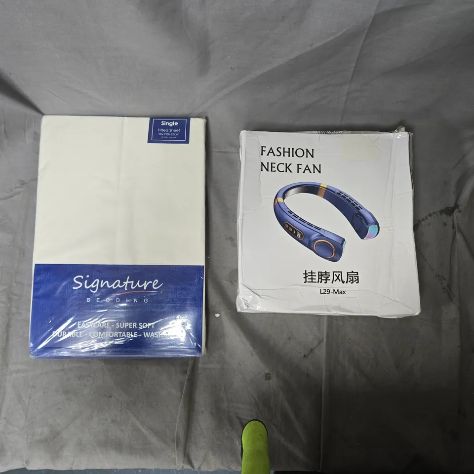 BOX OF APPROXIMATELY 15 ITEMS TO INCLUDE BEDDING & NECK FAN ETC... - COLLECTION ONLY