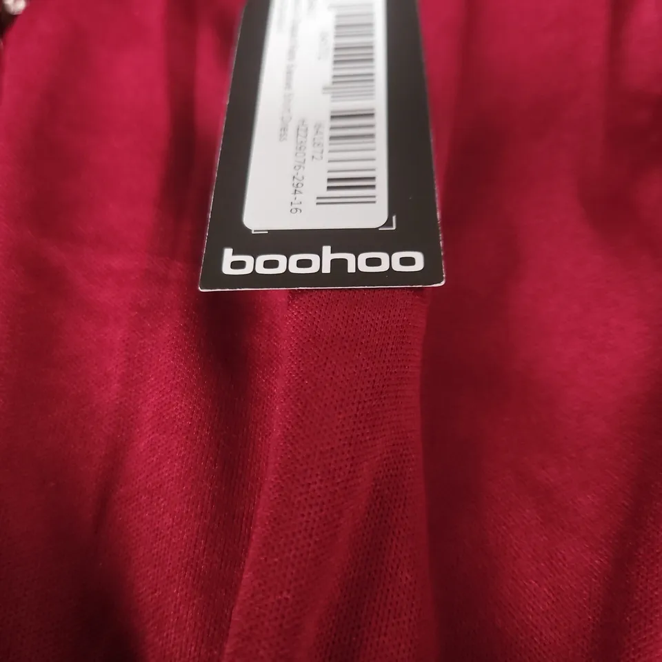 BOOHOO SEQUIN DRAPED FLARE SLEEVE SHIRT DRESS - BURGUNDY, UK 8