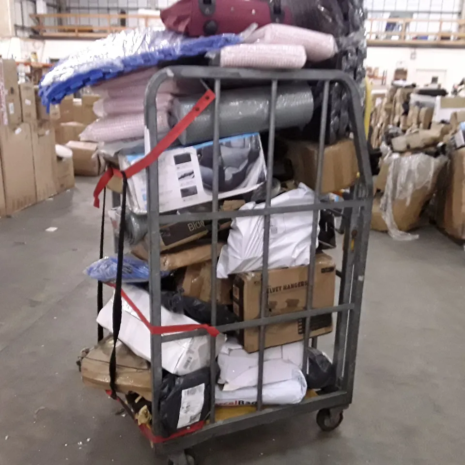 CAGE TO CONTAIN AN ASSORTMENT OF HOUSEHOLD ITEMS TO INCLUDE FOAM ROLLERS, BATH MATS, HANGERS AND EXERCISE MATS ECT