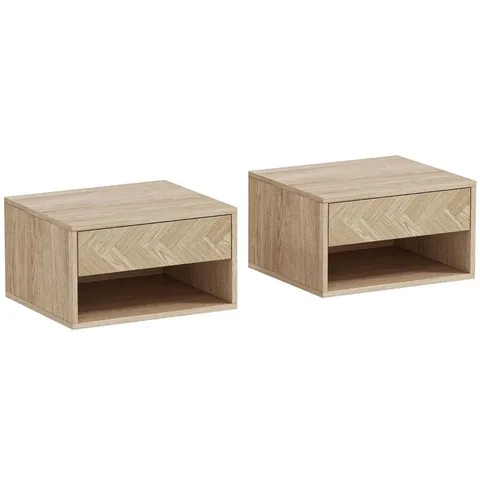 BOXED HOMCOM SET OF TWO FLOATING BEDSIDE TABLES - NATURAL WOOD FINISH