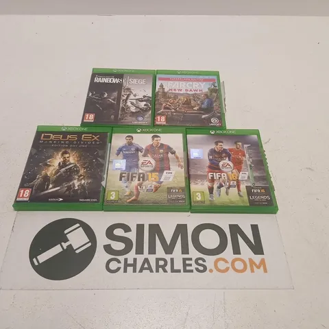 FIVE ASSORTED XBOX ONE GAMES TO INCLUDE – RAINBOW SIX SIEGE, FAR CRY NEW DAWN, DEUS EX: MANKIND DIVIDED, FIFA 15, FIFA 16