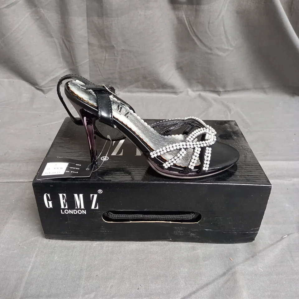 BOX OF APPROX 12 PAIRS OF GEMS RHINESTONE STRAP HEELS IN BLACK - VARIOUS SIZES
