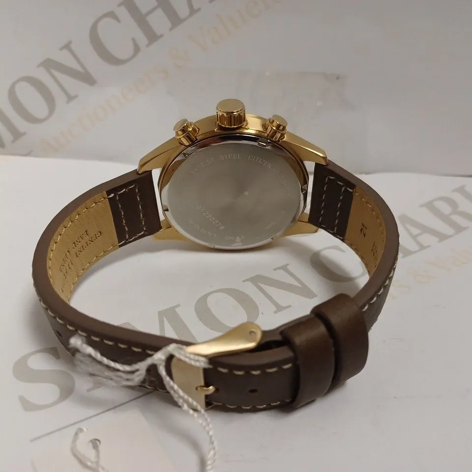 CITIZEN TRIPLE DIAL GOLD EFFECT WATCH WITH BROWN LEATHER EFFECT STRAP