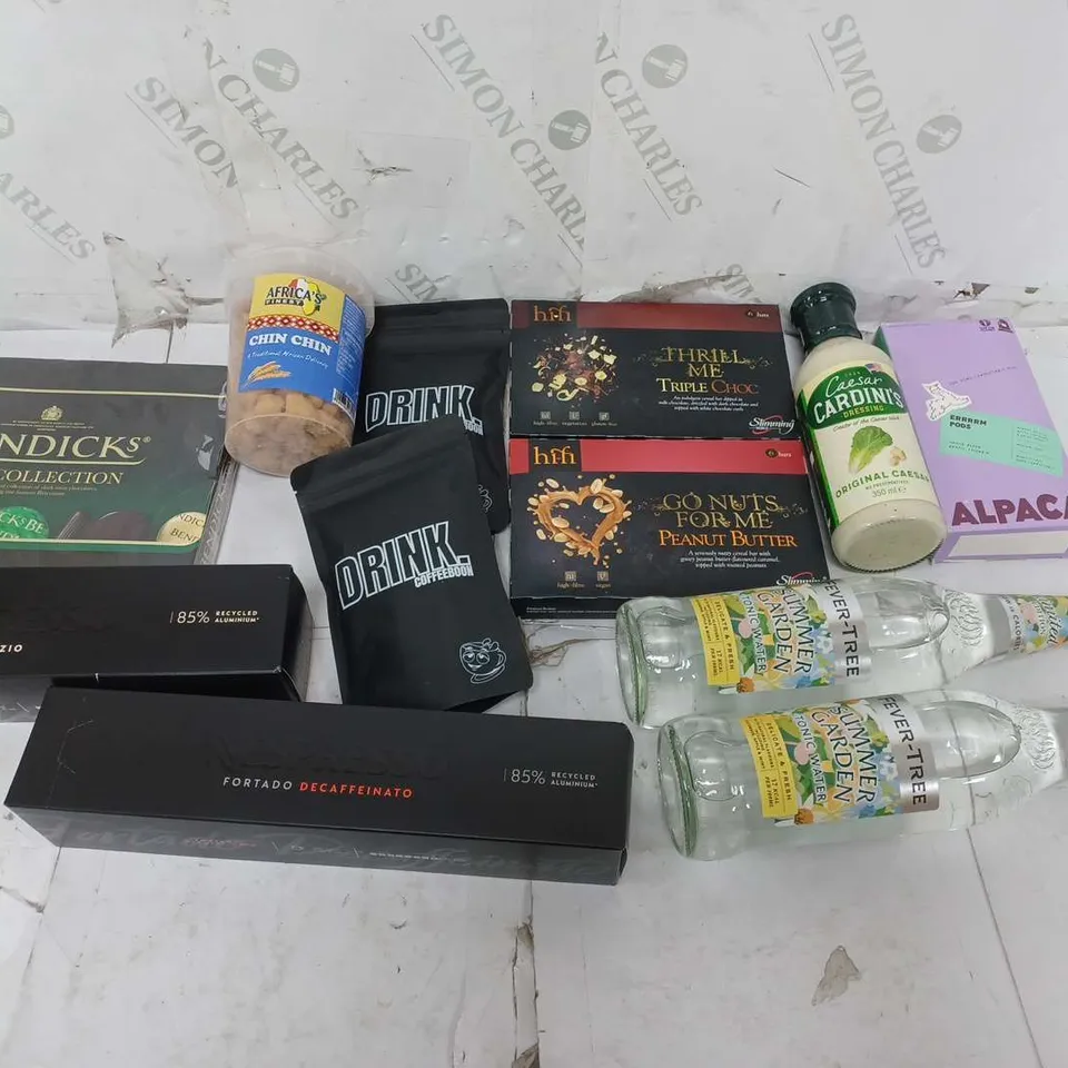 ASSORTED FOOD TOTE TO INCLUDE CAESAR DRESSING, TONIC WATER, NESPRESSO PODS, AND BENDICKS MINT COLLECTION ETC. 