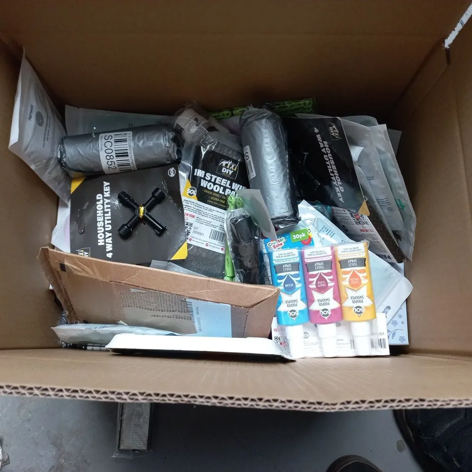 LOT OF APPROXIMATELY 40 ASSORTED HOUSEHOLD ITEMS TO INCLUDE DOLLY PEGS, ECO FRIENDLY GLITTER AND PAINT BRUSHES