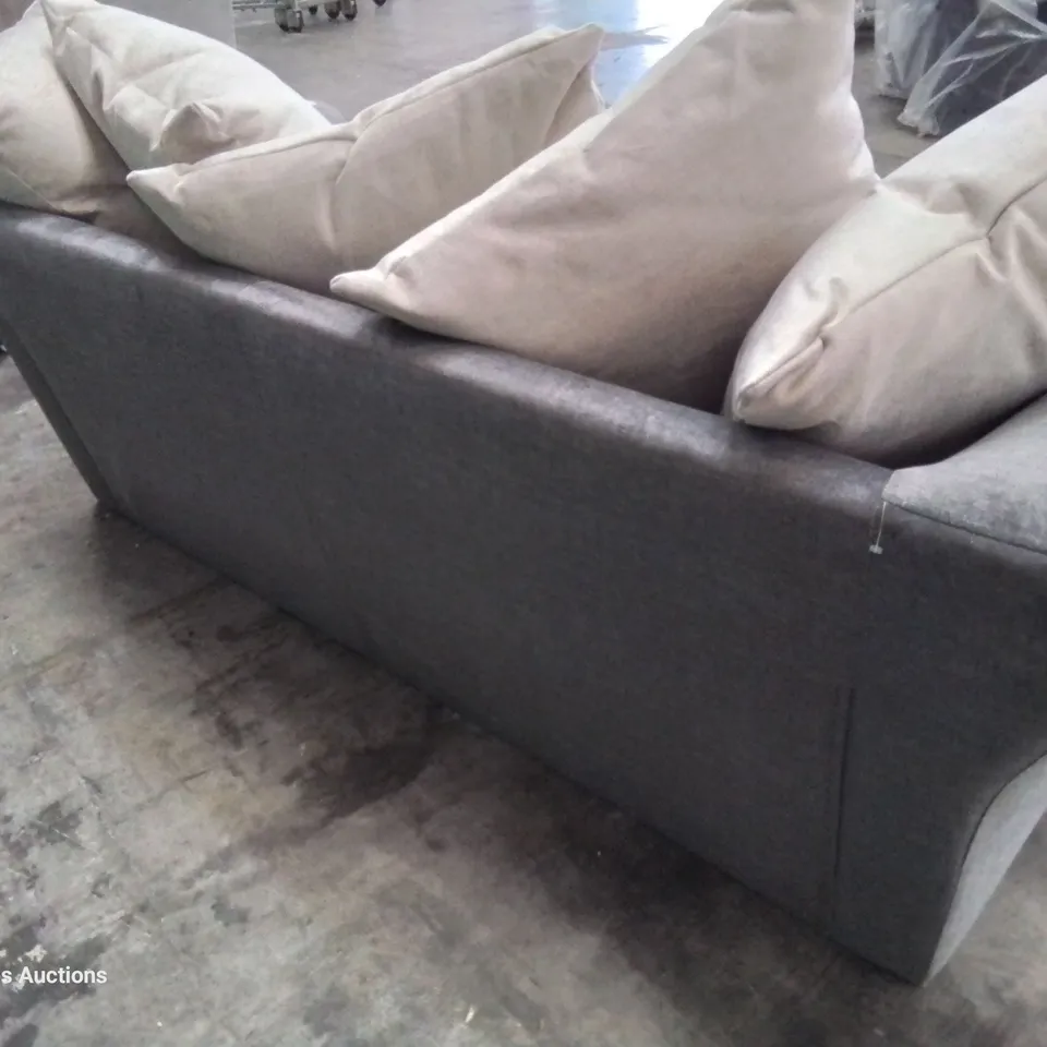 DESIGNER THREE SEATER SOFA GREY FABRIC WITH CONTRASTING SCATTER CUSHIONS