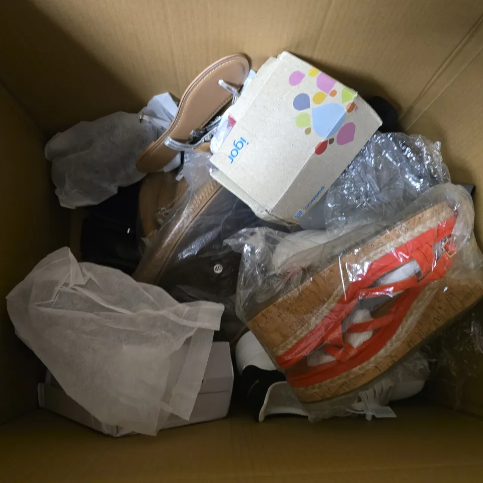 BOX OF APPROXIMATELY 12 PAIRS OF ASSORTED SHOES IN VARIOUS COLOUR, STYLES AND SIZES