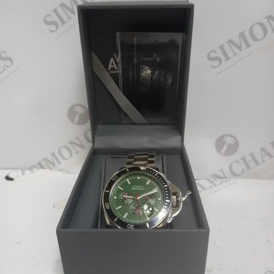 BOXED VICKERS ARMSTRONGS GEOSPHERE STEEL WATCH WITH GREEN FACE