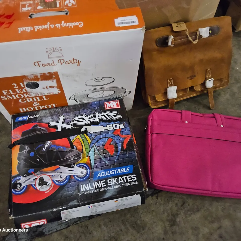 PALLET OF ASSORTED ITEMS TO INCLUDE, LEATHER BRIEFCASE, SHOPPING BAG, ELECTRIC GRILL & HOTPOT, INLINE SKATES.