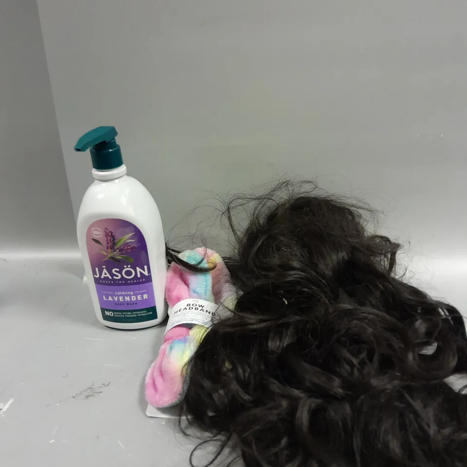 APPROXIMATELY 15 ASSORTED COSMETICS AND BEAUTY ITEMS TO INCLUDE JASON, BOW HEADBAND AND WIGS