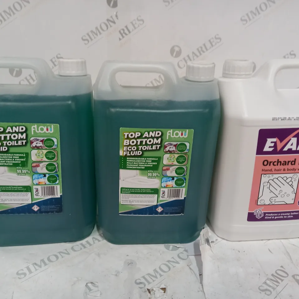 SET OF 3 ITEMS TO INCLUDE 2 X FLOW TOP AND BOTTOM TOILET FLUID & EVANS ORCHAD FRESH BODY WASH - COLLECTION ONLY