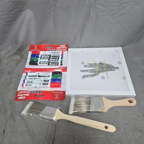APPROXIMATELY 15 ASSORTED HOUSEHOLD ITEMS TO INCLUDE WHITE BOARD MARKERS, PAINT BRUSHES, FRAME ETC