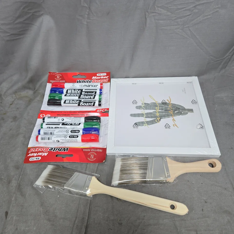 APPROXIMATELY 15 ASSORTED HOUSEHOLD ITEMS TO INCLUDE WHITE BOARD MARKERS, PAINT BRUSHES, FRAME ETC