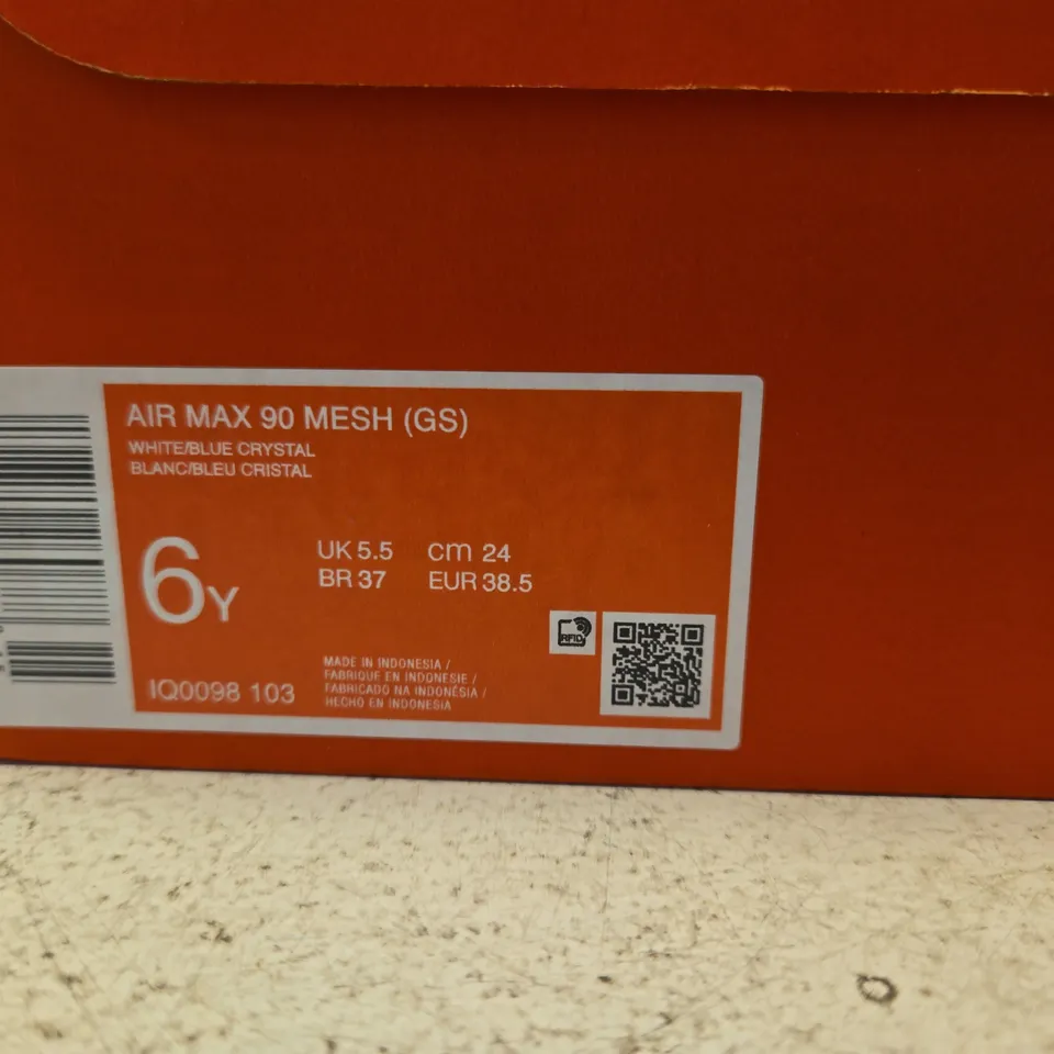 BOXED PAIR OF NIKE AIR MAX 90 MESH GS WHITE/BLUE CRYSTAL KIDS' SHOES – UK 5.5
