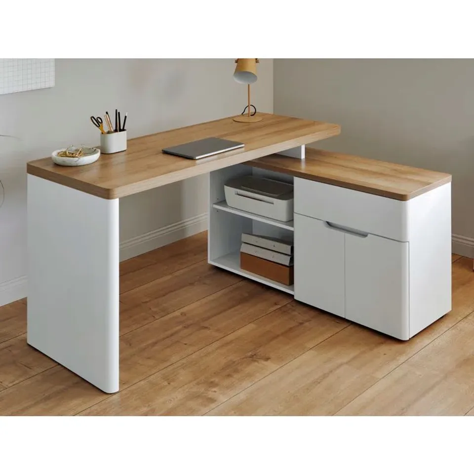 BOXED BELFIELD L-SHAPE DESK - OAK/MATT WHITE (1 BOX)