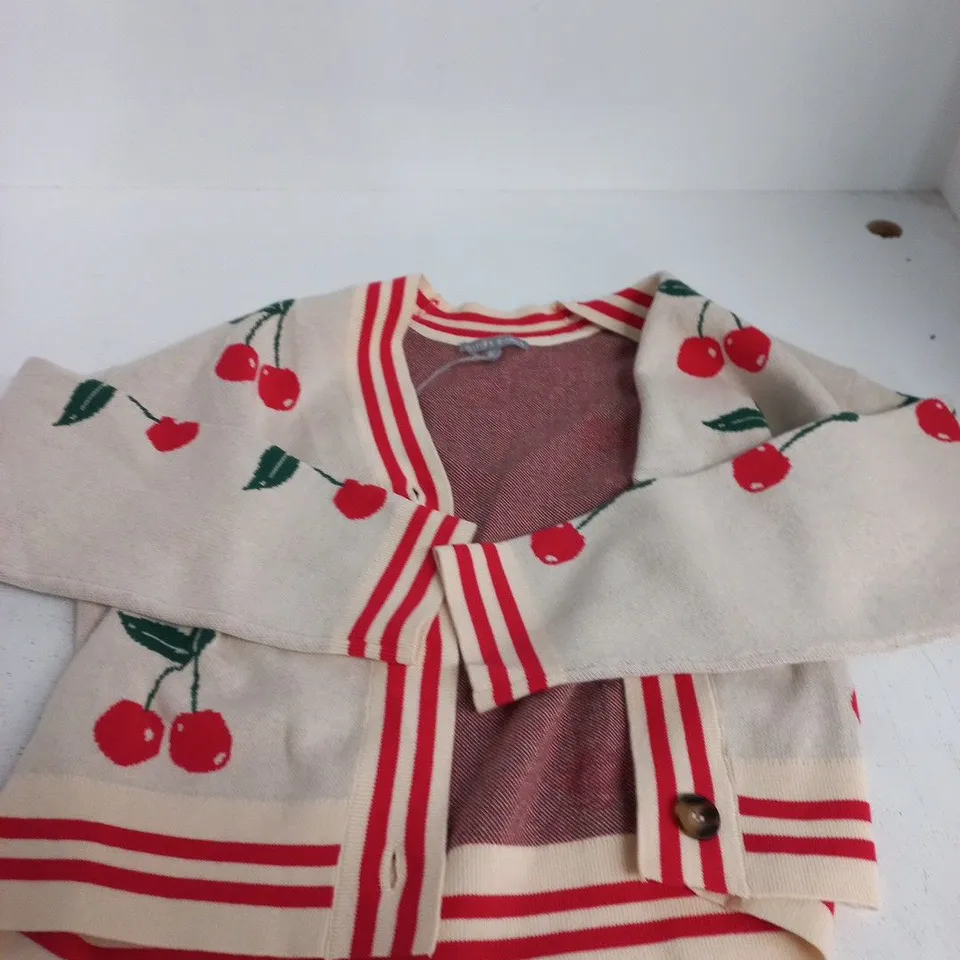 OLIVER BONAS CHERRY PRINT CARDIGAN – CREAM KNIT, UK SIZE 8