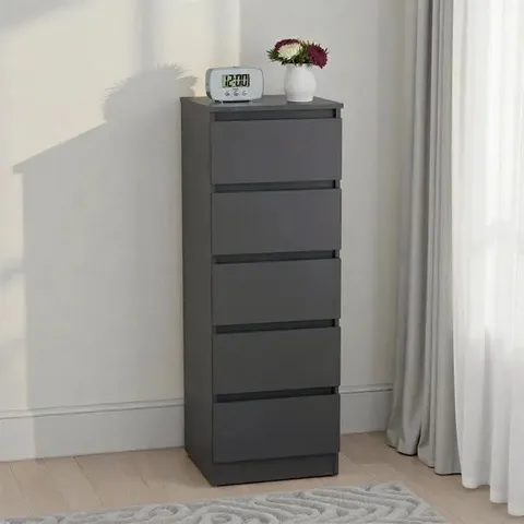 BOXED MALVERN 5 DRAWER NARROW TALLBOY CHEST OF DRAWERS - BLACK