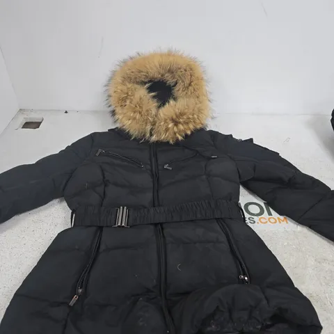 ATTENTIF PARIS BLACK WOMEN’S COAT, HOODED WITH FUR TRIM, SIZE UK 12 (EU 42)