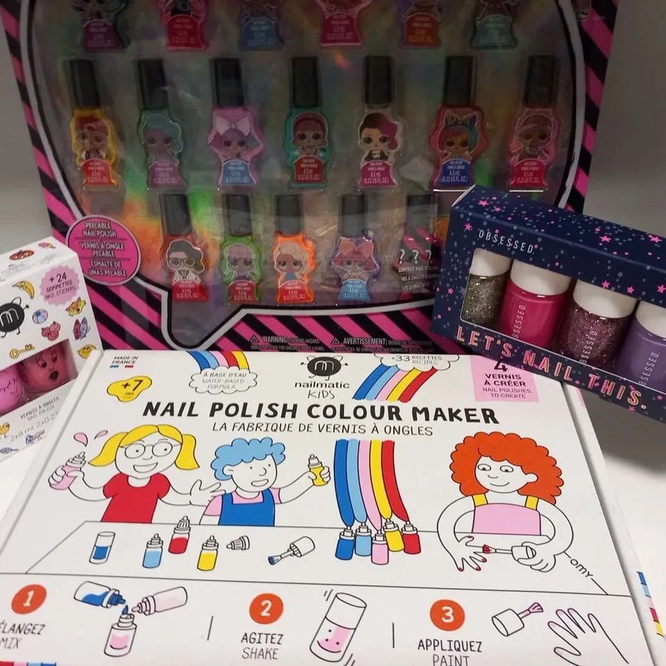 SIX ASSORTED KIDS NAIL POLISH SETS TO INCLUDE;  NAILMATIC KIDS NAIL POLISH COLOUR MAKER, L.O.L., OBSESSED AND LIPS AND NAILS SET