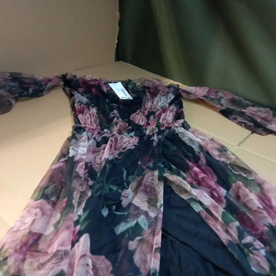 BOOHOO BLACK/FLORAL PRINT MESH RUCHED MAXI DRESS - SIZE 16