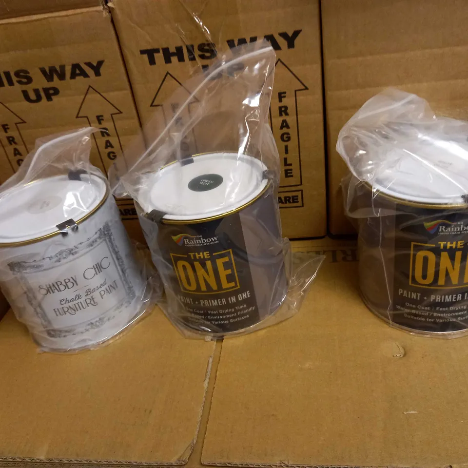 LOT OF APPROX 6 ASSORTED PACKAGED BOXED PAINTS TO INCLUDE: CHABBY CHIC FURNITURE PAINT, RAINBOW PAINT/PRIMER IN ONE