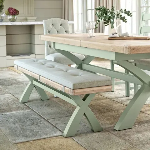 BOXED SALCOMBE CROSS LEG DINING BENCH, GREEN & OAK (1 BOX)