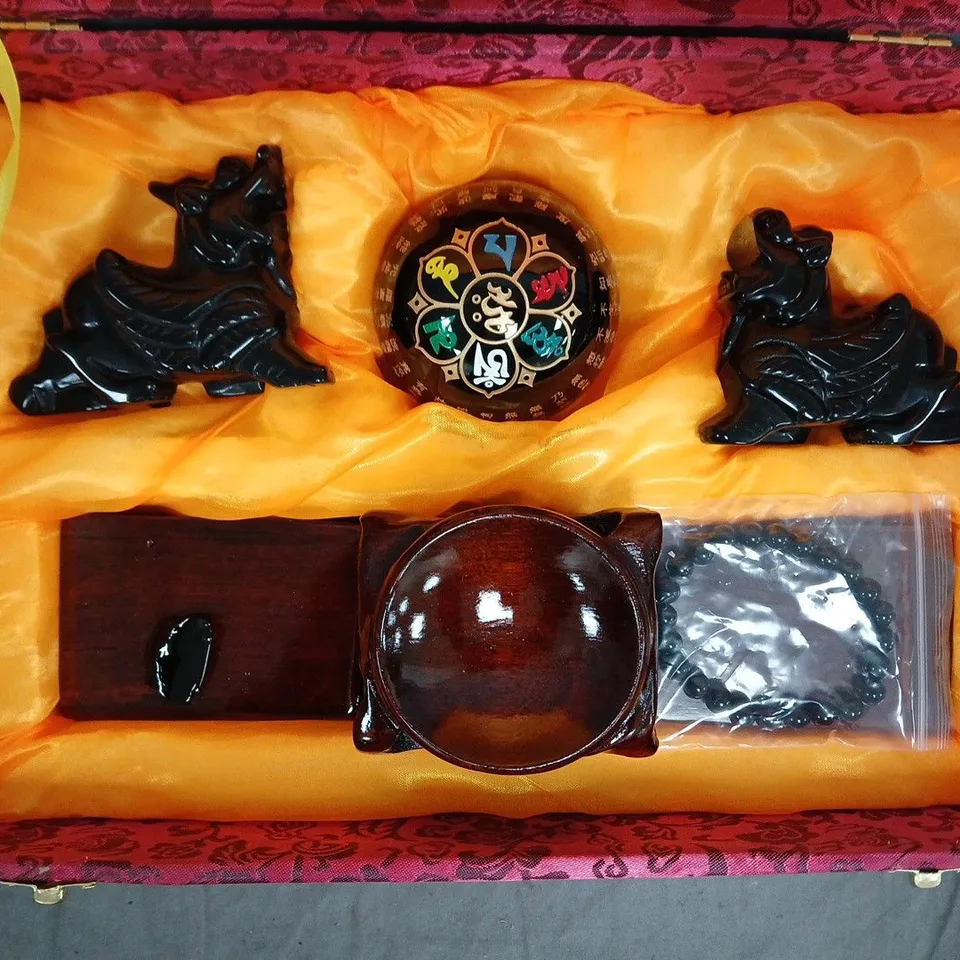 BOXED 3-PIECE BLACK OBSIDIAN FENG SHUI ORNAMENT SET
