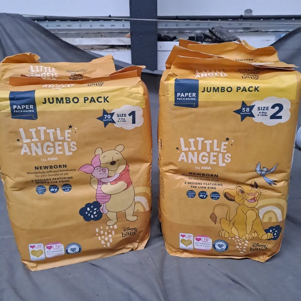 LOT OF 4 PACKS OF LITTLE ANGELS NEWBORN NAPPIES - SIZE 1 AND 2