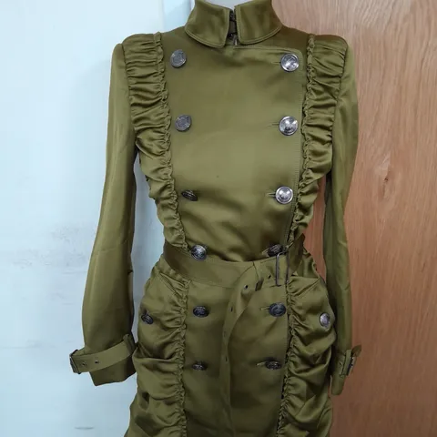BURBERRY LONDON SATIN FINISH RUCHED COAT IN OLIVE GREEN SIZE 6