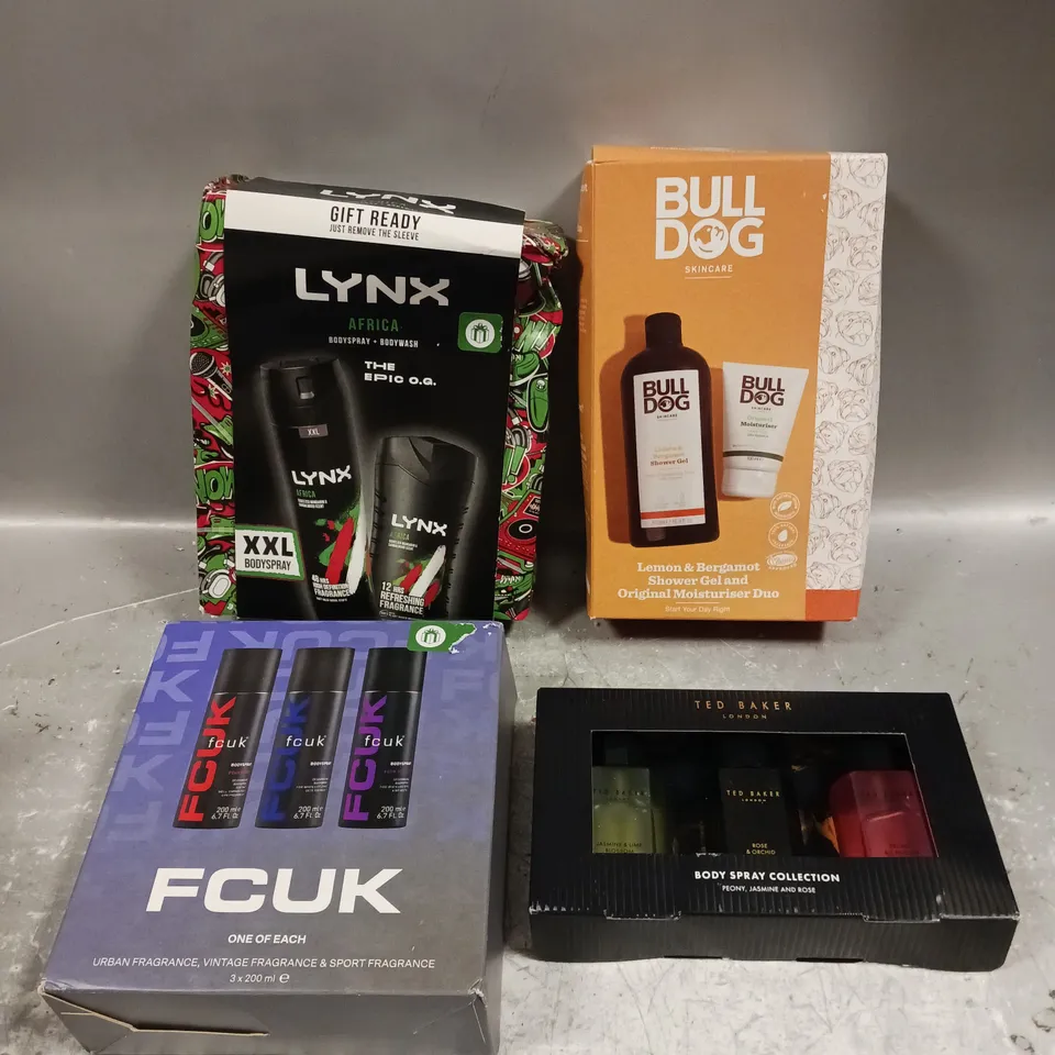 LOT OF 4 ASSORTED COSMETIC BOXSETS TO INCLUDE - FCUK FRAGRANCE TRIO - BULLDOG SHOWER GEL & MOISTURISER DUO - LYNX AFRICA BODY DUO - ETC