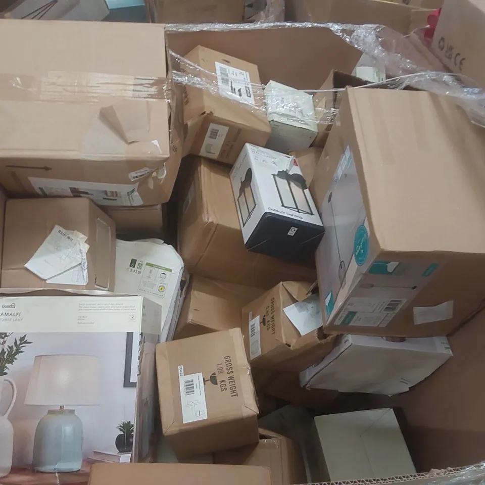 PALLET CONTAINING A VERY LARGE QUANTITY OF ASSORTED DESIGNER LIGHTING PRODUCTS TO INCLUDE: FLOOR LAMP, TABLE LAMP, CEILING LIGHTS
