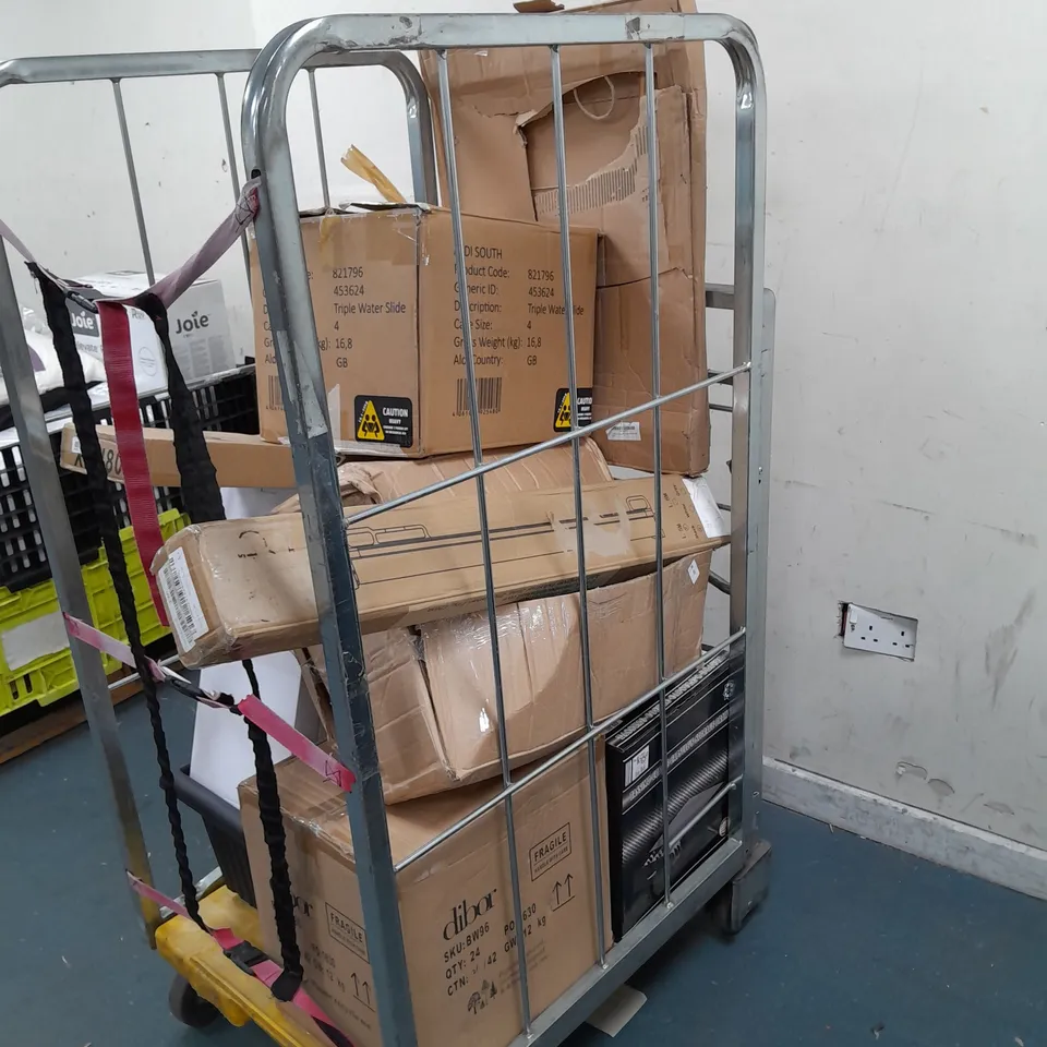 CAGE OF ASSORTED HOUSEHOLD GOODS TO INCLUDE FLY ZAPPERS, PLANT POT, WINE GOBLETS, COFFEE CAPSULE DRAWER, AND SELF ABSORPTION OIL PUMP ETC. 