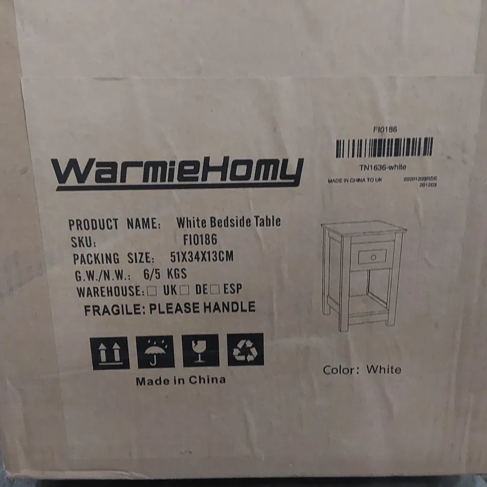BOXED WHITE BEDSIDE TABLE (1 BOX)