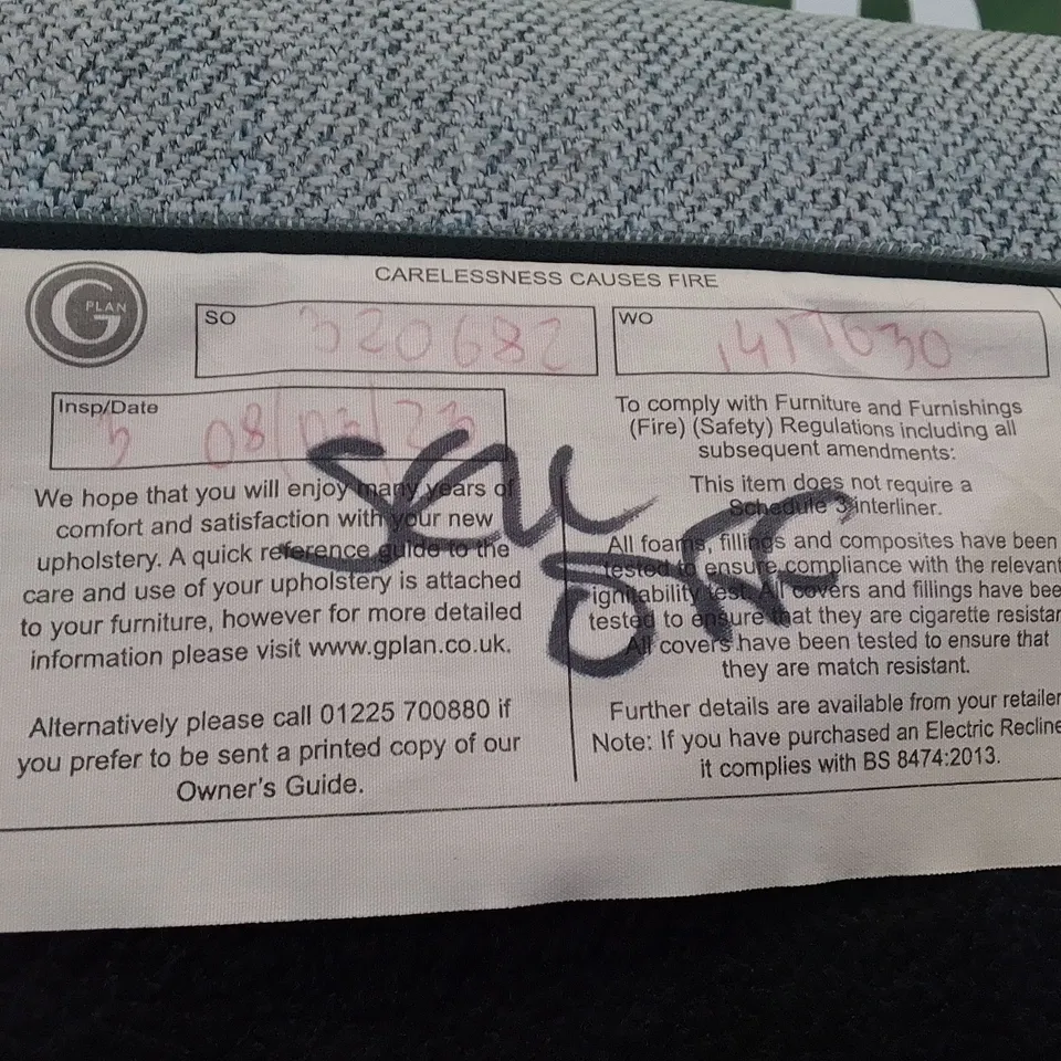 QUALITY DESIGNER G-PLAN RILEY ELECTRIC RECLINER SNUGGLER - PIERO CAROLINA BLUE FABRIC