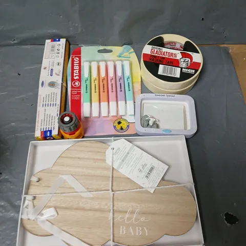 BOX OF ASSORTED HOUSEHOLD ITEMS TO INCLUDE GLADIATOR TAPE, HOSE PARTS AND PICTURE FRAME