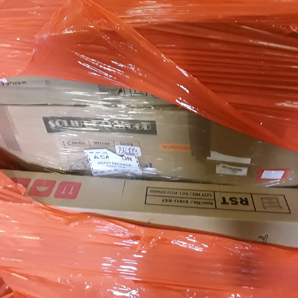 PALLET OF ASSORTED PRODUCTS INCLUDING WOODEN COFFEE TABLE, SHELVING UNIT