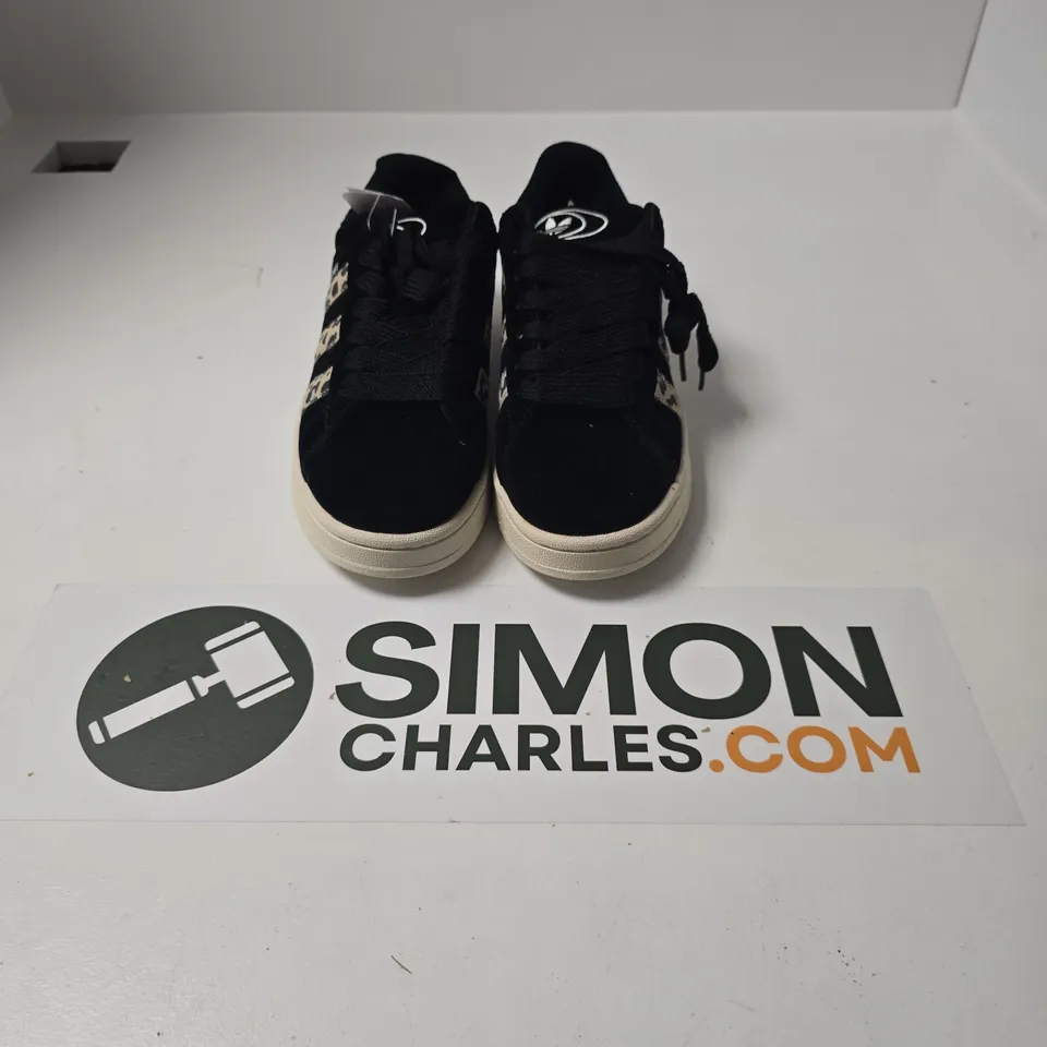 UNBOXED PAIR OF ADIDAS CAMPUS TRAINERS IN BLACK/ANIMAL PRINT - UK 6.5